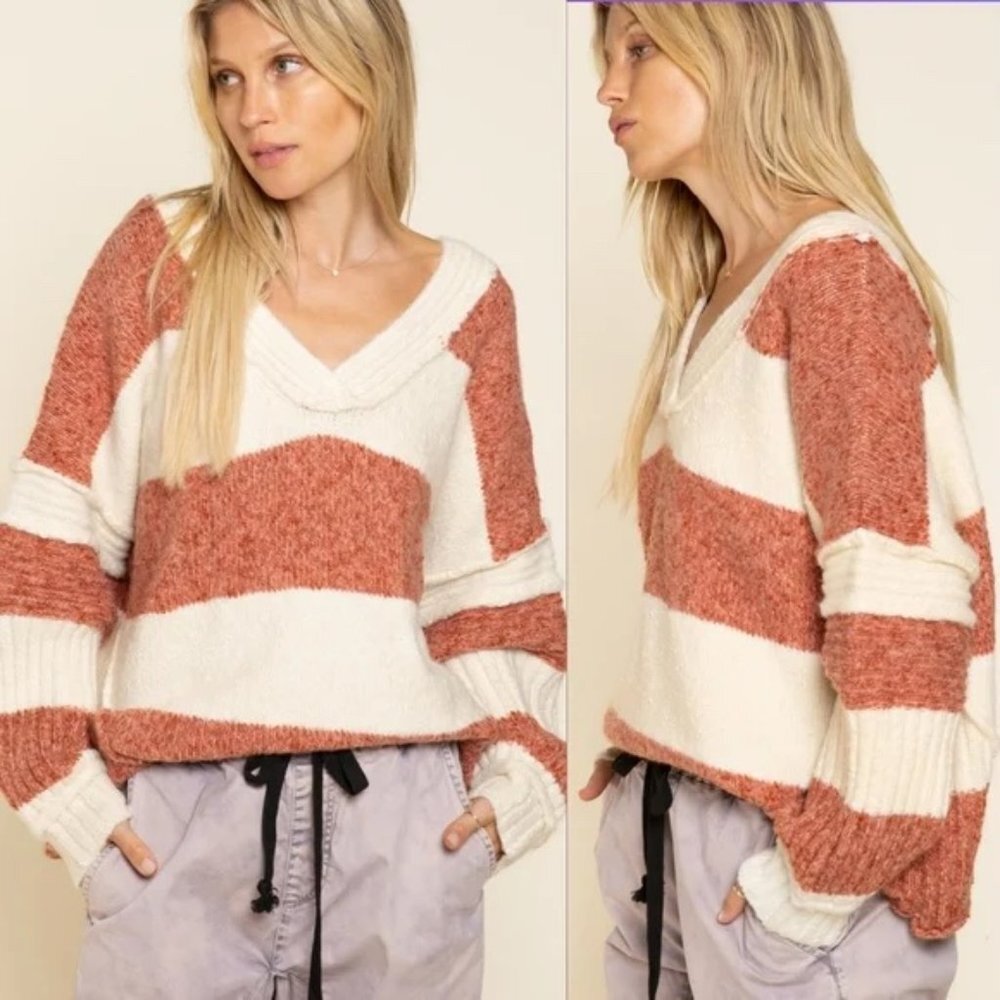 Women's POL V Neck Striped Sweater​